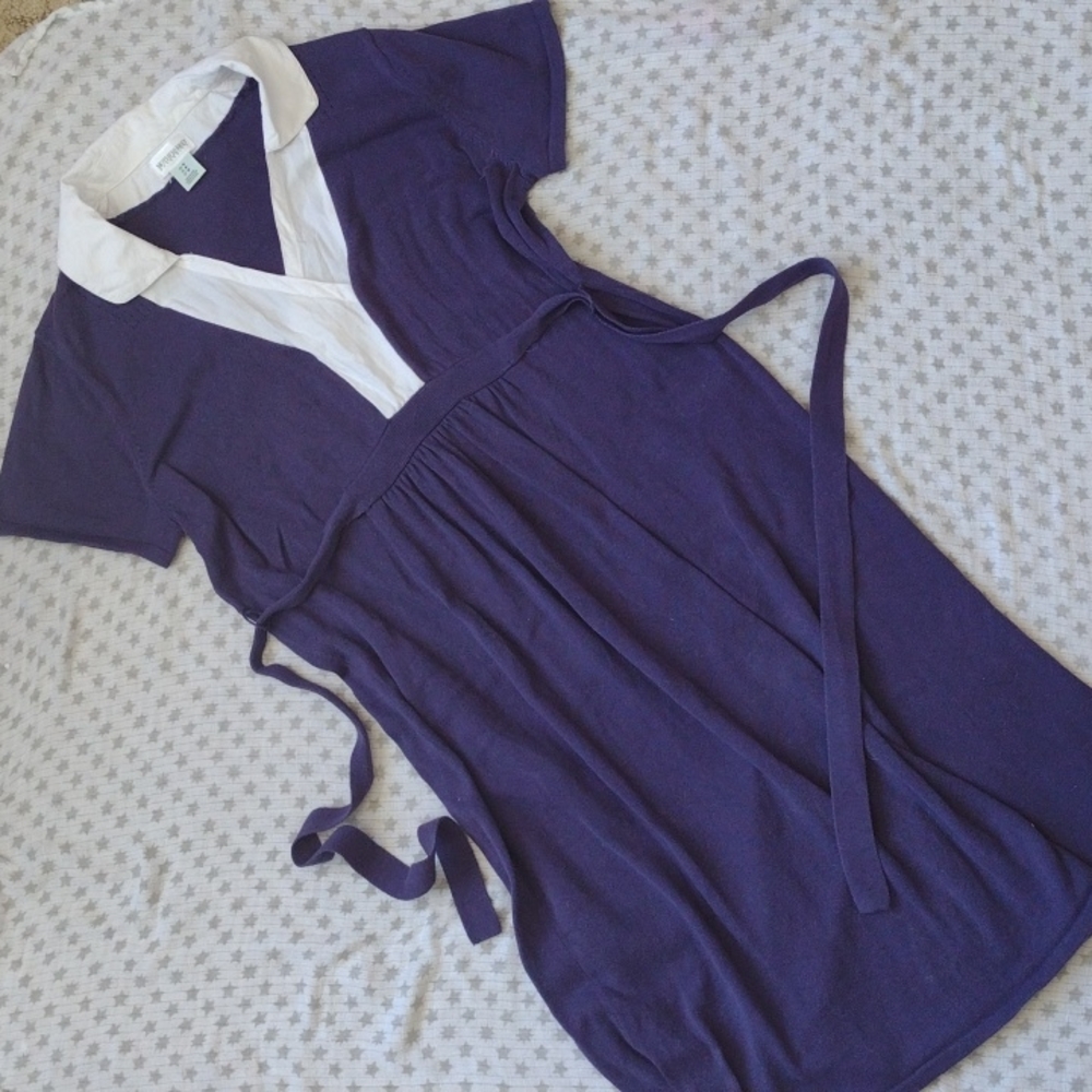 Dark Purple Maternity Dress with Tie and White Collar